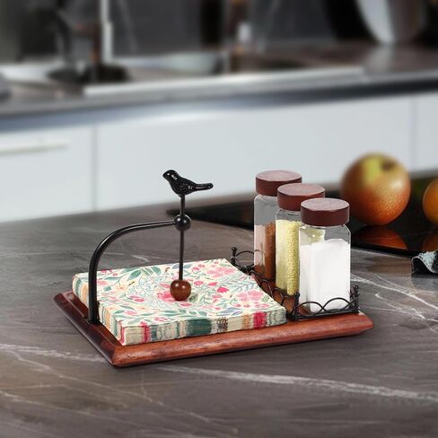 4-Piece Napkin Holder for Table with Salt and Pepper Shakers, Acacia Wood Base & Bird-shaped Weighted Arm, Includes 3 Glass Spice Jars and Sturdy Napkin Stand for Kitchen, Restaurant, Party, Dining in Kuwait