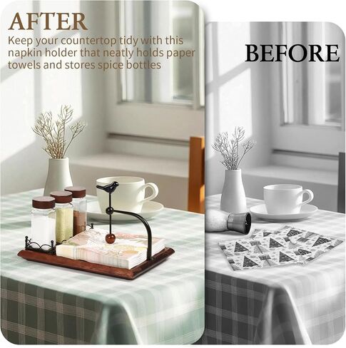 4-Piece Napkin Holder for Table with Salt and Pepper Shakers, Acacia Wood Base & Bird-shaped Weighted Arm, Includes 3 Glass Spice Jars and Sturdy Napkin Stand for Kitchen, Restaurant, Party, Dining in Kuwait