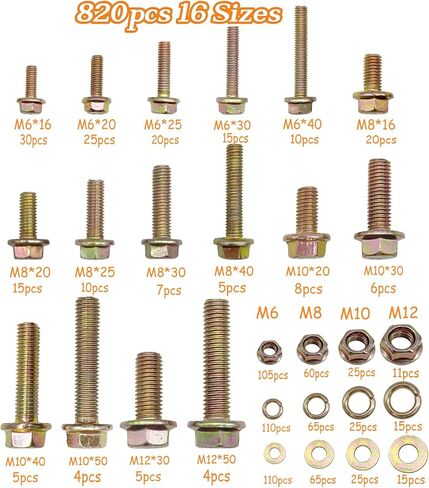 820pcs متري متري شفة ضجة ، براغي ومجموعة المكسرات ، m6x1.0 ، m8x1.25 ، m10x1.5 ، m12x1.75 (16 مم إلى 50 مم) البراغي والمكسر in Kuwait