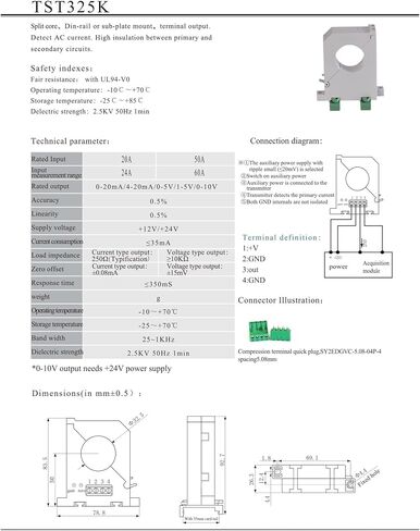 TST325K Input 20A/50A Output 4-20mA Supply Voltage +24V/+12V Split Current Sensor Transmitter(20A 4-20mA 12V) in Saudi Arabia