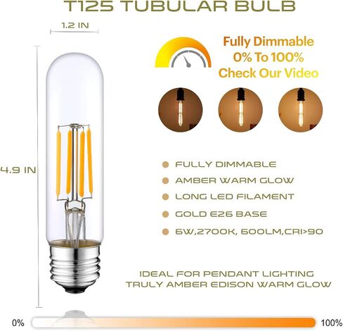 Long T10 LED Bulb, 7.3in Vintage Edison Dimmable Bulb 6W 2700K Warm White Tubular Bulbs, E26 Medium Base Clear 600LM 60W Equivalent for Cylinder Pendant Wall Sconces Chandelier Vanity 6Pack in Saudi Arabia