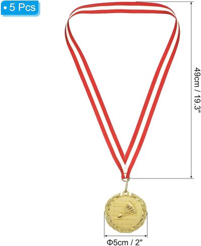 Patikil 2 "ميداليات الريشة الذهبية ، 5 ميداليات حزمة تنس الريشة مع RIBBON RED WHITE للمسابقات الرياضية للألعاب in Saudi Arabia
