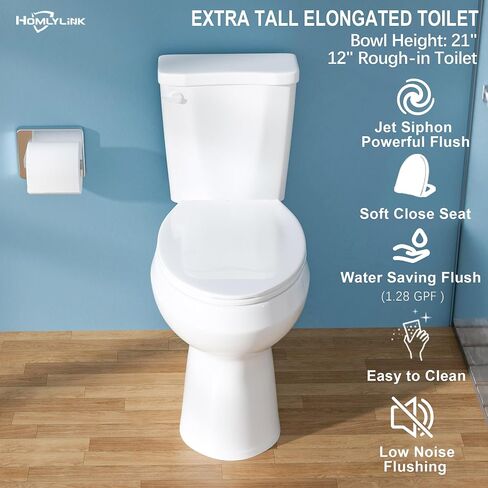 Elongated Tall Toilet 21 Inch, Extra High Toilets for Bathroom, Comfort Bowl Heigh 21", Single Flush 1.28 GPF, White, for Seniors, with Soft Close Seat in Saudi Arabia