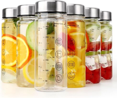 6 Pack Juice Bottles with Caps - Wide Mouth Resuable Clear Plastic Water Bottles for Juicing,Smoothie,Protein, Beverage,Storage Containers,BPA Free,Leakproof Stainless Steel Lid(12 Ounces) in Saudi Arabia
