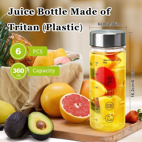 6 Pack Juice Bottles with Caps - Wide Mouth Resuable Clear Plastic Water Bottles for Juicing,Smoothie,Protein, Beverage,Storage Containers,BPA Free,Leakproof Stainless Steel Lid(12 Ounces) in Saudi Arabia