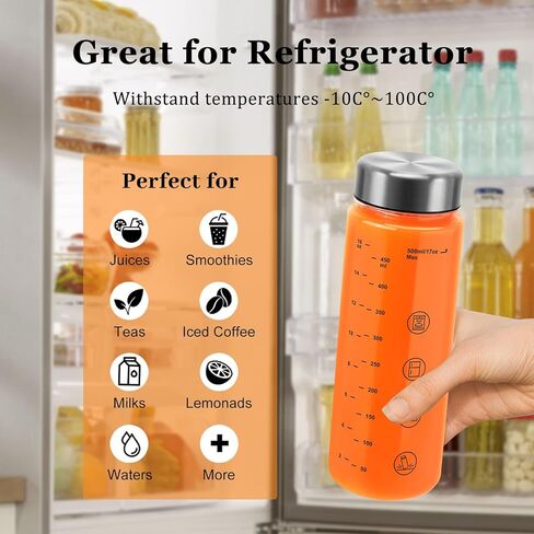 6 زجاجات عصير الحزمة مع أغطية - زجاجات المياه البلاستيكية الواسعة الفم العريضة للعصير ، العصير ، البروتين ، المشروبات ، حاويات التخزين ، خالية من BPA ، غطاء الفولاذ المقاوم للصدأ مقاوم للتسرب (12 أونصة) in Kuwait