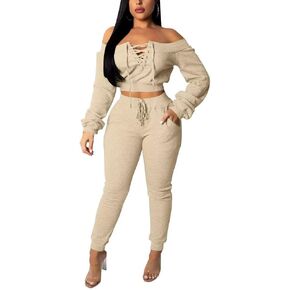 acelyn Sexy 2 Piece Outfits for Women Off Shoulder Lace Up Long Sleeve Crop Top Pants Sets Tracksuit Casual Sweatsuit in Kuwait