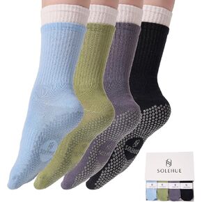 Pilates Socks for Women – Non Slip Grip Crew Socks (4 Pairs) for Pilates, Yoga, Barre, Home Workout & Holidays gifts in Saudi Arabia