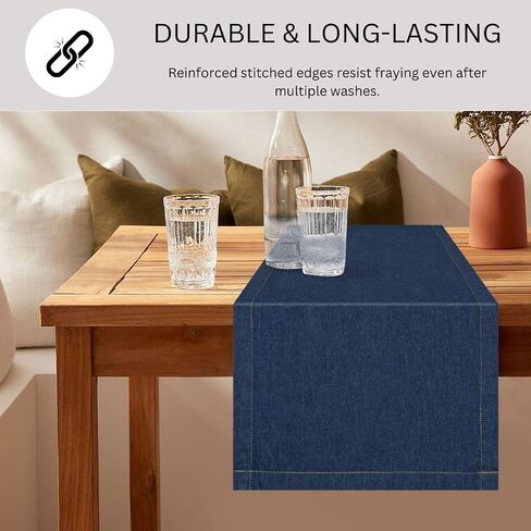 Denim Table Runner 100% Cotton - 72 Inches Long Farmhouse Table Runners - Tight-Weave Non-Slip Washable - for Dining Kitchen Holidays Events - 13x72 Inch Table Runner Blue Denim in Saudi Arabia