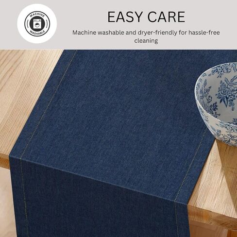 Denim Table Runner 100% Cotton - 72 Inches Long Farmhouse Table Runners - Tight-Weave Non-Slip Washable - for Dining Kitchen Holidays Events - 13x72 Inch Table Runner Blue Denim in Saudi Arabia