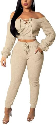 acelyn Sexy 2 Piece Outfits for Women Off Shoulder Lace Up Long Sleeve Crop Top Pants Sets Tracksuit Casual Sweatsuit in Saudi Arabia