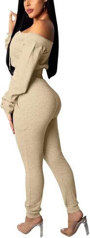 acelyn Sexy 2 Piece Outfits for Women Off Shoulder Lace Up Long Sleeve Crop Top Pants Sets Tracksuit Casual Sweatsuit in Saudi Arabia