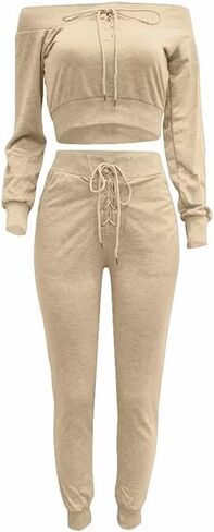 acelyn Sexy 2 Piece Outfits for Women Off Shoulder Lace Up Long Sleeve Crop Top Pants Sets Tracksuit Casual Sweatsuit in Saudi Arabia