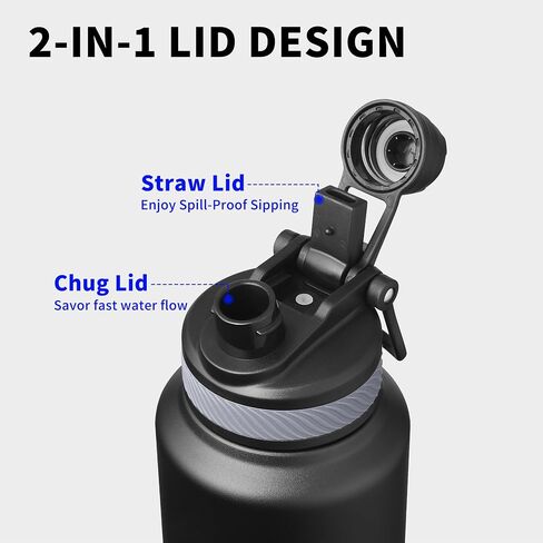 24 oz Insulated Sports Water Bottle with Straw, Vacuum Stainless Steel Water Flask with Handle, Thermal Metal Water Cup Mug with 2-in-1 Lid, Black in Saudi Arabia