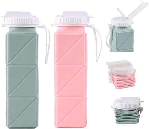2 Pieces Foldable Water Bottles 620ml, Collapsible Water Bottles Reusable Drinking Bottle Flexible, BPA Free - Perfect for Kids, Sports, Travel, Camping (Green & Pink) in Saudi Arabia