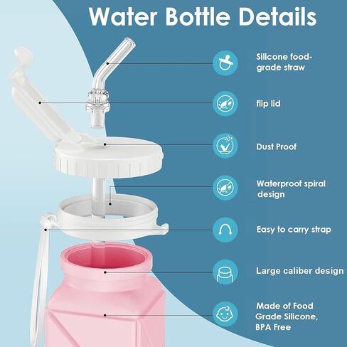 2 Pieces Foldable Water Bottles 620ml, Collapsible Water Bottles Reusable Drinking Bottle Flexible, BPA Free - Perfect for Kids, Sports, Travel, Camping (Green & Pink) in Saudi Arabia