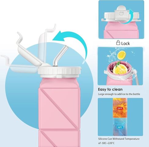 2 Pieces Foldable Water Bottles 620ml, Collapsible Water Bottles Reusable Drinking Bottle Flexible, BPA Free - Perfect for Kids, Sports, Travel, Camping (Green & Pink) in Saudi Arabia