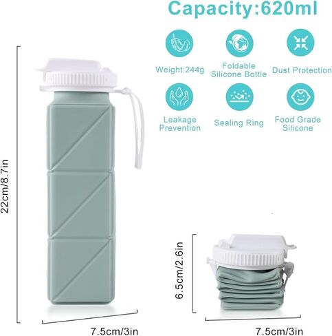 2 Pieces Foldable Water Bottles 620ml, Collapsible Water Bottles Reusable Drinking Bottle Flexible, BPA Free - Perfect for Kids, Sports, Travel, Camping (Green & Pink) in Saudi Arabia
