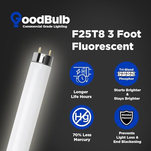 GoodBulb 25W 36 Inch T8 Fluorescent Light Bulb 3500K Soft White Light Color, Medium Bi-Pin Base 2225 Lumens 86 CRI 36000 Life Hours Instant/Programmed Start 25 Bulbs Pack in Saudi Arabia