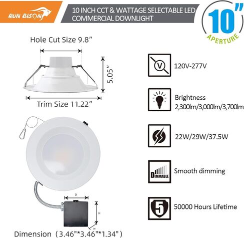 10 بوصة مصفرة LED LED مع J-Box ، وقابل للتعديل 22/29/37.5W ، 3 ملون 3000K-5000K ، 120-277V ، 0-10 فولت قابلة للضوء ، IC مصنفة ، LED LED ، UL & ENERGER in Saudi Arabia