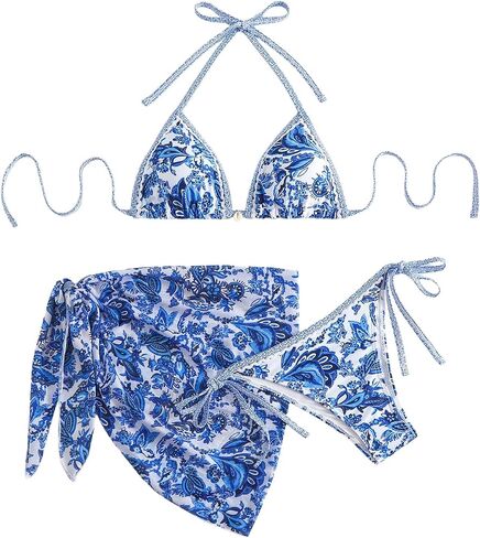 WDIRARA Women's 3 Piece Boho Paisley Floral Swimsuit Halter Bikini Set Triangle String Bathing Suit with Beach Skirt in Saudi Arabia