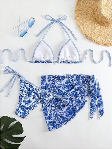 WDIRARA Women's 3 Piece Boho Paisley Floral Swimsuit Halter Bikini Set Triangle String Bathing Suit with Beach Skirt in Saudi Arabia