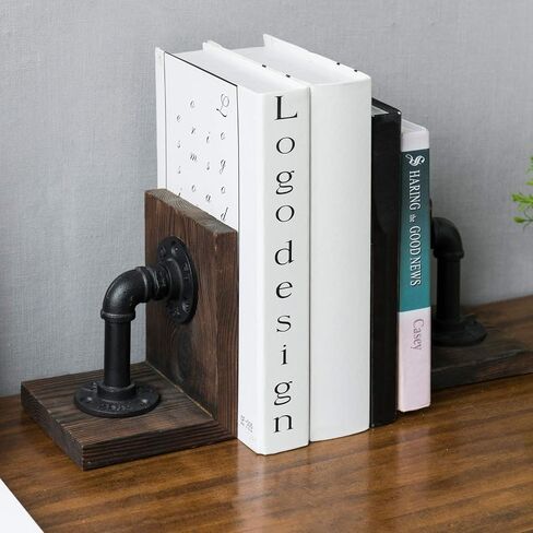 MyGift Industrial Pipe & Gray Wood 6-inch Metal Bookends, 1-Pair in Saudi Arabia