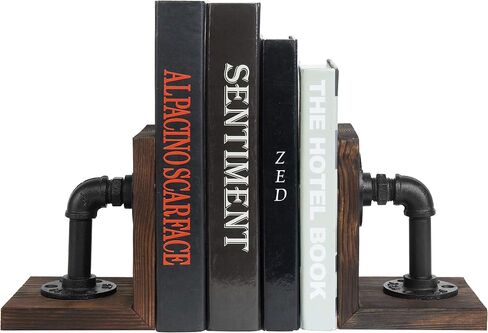 MyGift Industrial Pipe & Gray Wood 6-inch Metal Bookends, 1-Pair in Saudi Arabia