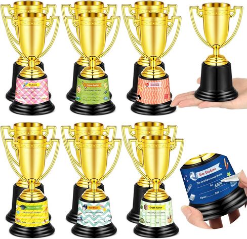 12 Pcs Bulk Mini Trophies 5.7 Inch Plastic Gold Trophy Cups with Award Certificates Stickers for Student Recognition Rewards End of Year Sports Tournament Winning Prizes Party Favor Competition Office in Saudi Arabia