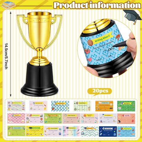 12 Pcs Bulk Mini Trophies 5.7 Inch Plastic Gold Trophy Cups with Award Certificates Stickers for Student Recognition Rewards End of Year Sports Tournament Winning Prizes Party Favor Competition Office in Saudi Arabia