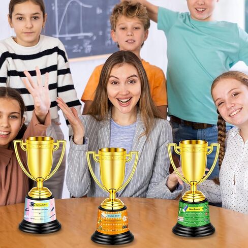 12 Pcs Bulk Mini Trophies 5.7 Inch Plastic Gold Trophy Cups with Award Certificates Stickers for Student Recognition Rewards End of Year Sports Tournament Winning Prizes Party Favor Competition Office in Saudi Arabia