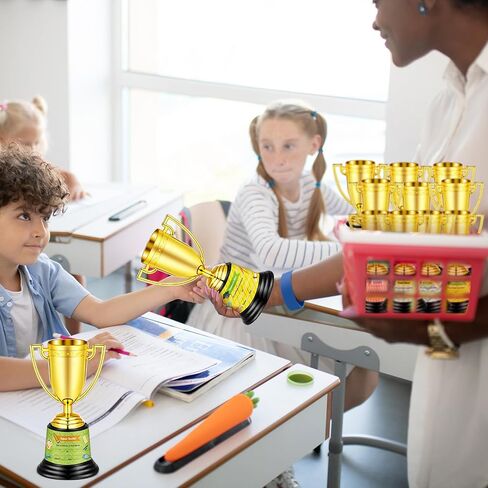 12 Pcs Bulk Mini Trophies 5.7 Inch Plastic Gold Trophy Cups with Award Certificates Stickers for Student Recognition Rewards End of Year Sports Tournament Winning Prizes Party Favor Competition Office in Saudi Arabia