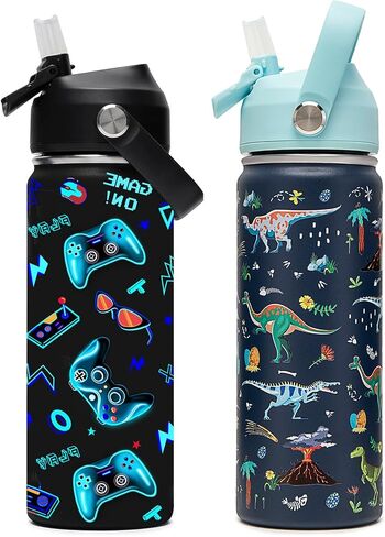 18oz أطفال زجاجة ماء معزولة مع غطاء القش - 18/8 كوب من الفولاذ المقاوم للصدأ كوب BPA خالية من Tumbler Tumbler Double Wall Leak Proof Portable Toddler Bottle (Game+Dinasour1） in Kuwait