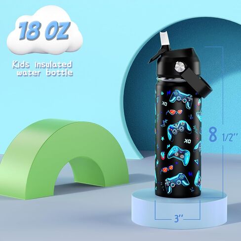 18oz أطفال زجاجة ماء معزولة مع غطاء القش - 18/8 كوب من الفولاذ المقاوم للصدأ كوب BPA خالية من Tumbler Tumbler Double Wall Leak Proof Portable Toddler Bottle (Game+Dinasour1） in Kuwait
