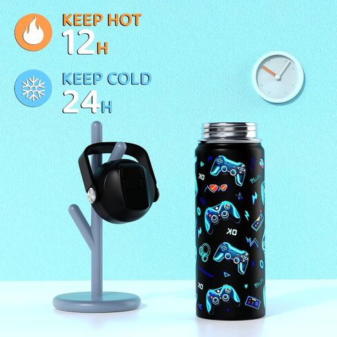 18oz أطفال زجاجة ماء معزولة مع غطاء القش - 18/8 كوب من الفولاذ المقاوم للصدأ كوب BPA خالية من Tumbler Tumbler Double Wall Leak Proof Portable Toddler Bottle (Game+Dinasour1） in Kuwait