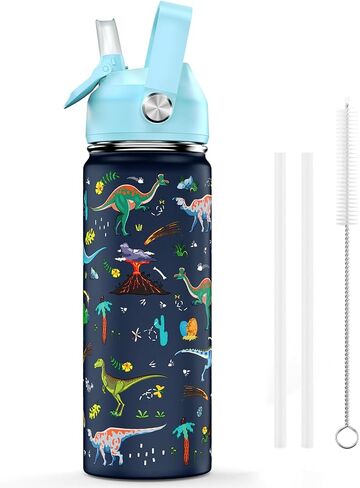 18oz أطفال زجاجة ماء معزولة مع غطاء القش - 18/8 كوب من الفولاذ المقاوم للصدأ كوب BPA خالية من Tumbler Tumbler Double Wall Leak Proof Portable Toddler Bottle (Game+Dinasour1） in Kuwait