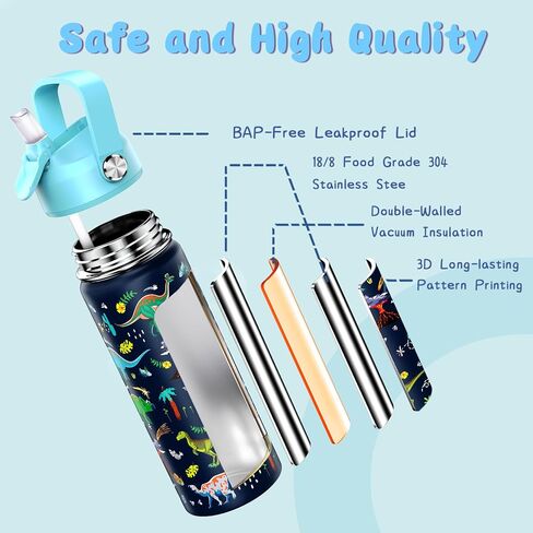 18oz أطفال زجاجة ماء معزولة مع غطاء القش - 18/8 كوب من الفولاذ المقاوم للصدأ كوب BPA خالية من Tumbler Tumbler Double Wall Leak Proof Portable Toddler Bottle (Game+Dinasour1） in Kuwait