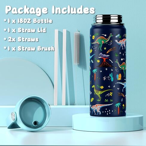 18oz أطفال زجاجة ماء معزولة مع غطاء القش - 18/8 كوب من الفولاذ المقاوم للصدأ كوب BPA خالية من Tumbler Tumbler Double Wall Leak Proof Portable Toddler Bottle (Game+Dinasour1） in Kuwait