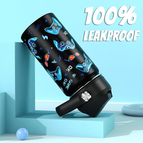 18oz أطفال زجاجة ماء معزولة مع غطاء القش - 18/8 كوب من الفولاذ المقاوم للصدأ كوب BPA خالية من Tumbler Tumbler Double Wall Leak Proof Portable Toddler Bottle (Game+Dinasour1） in Kuwait