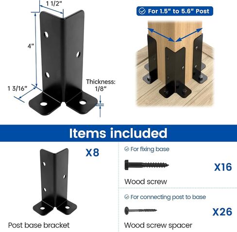 Muzata 4Pack Adjustable Post Base Brackets Fit 1.5x1.5 2x2 2x4 4x4 Heavy Duty Wood Fence Pergola Black Half Column Deck Post Anchor for Deck Railing Mailbox WT32 in Saudi Arabia