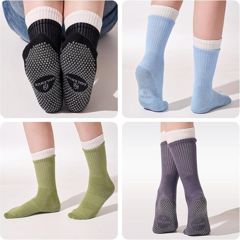 Pilates Socks for Women – Non Slip Grip Crew Socks (4 Pairs) for Pilates, Yoga, Barre, Home Workout & Holidays gifts in Saudi Arabia