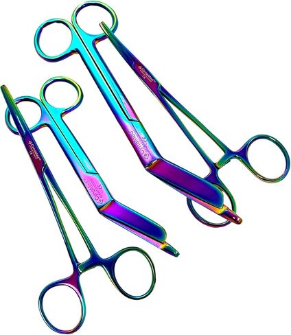 CynaMed German Nurses Doctor Lister Bandage Scissors 7.25" +5.5" + HEMOSTAT Forceps Str +Cvd 5.5" Multi Color Rainbow Color Stainless Steel - (Set of 4) in Saudi Arabia