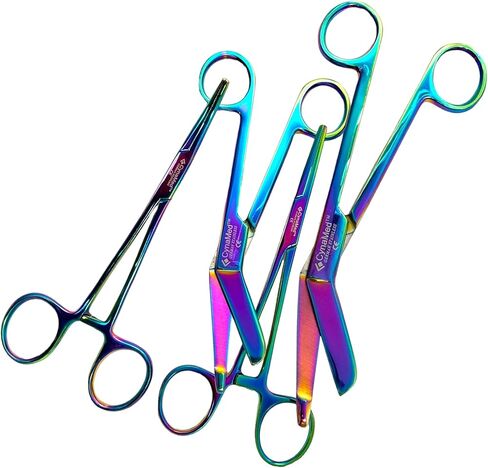 CynaMed German Nurses Doctor Lister Bandage Scissors 7.25" +5.5" + HEMOSTAT Forceps Str +Cvd 5.5" Multi Color Rainbow Color Stainless Steel - (Set of 4) in Saudi Arabia