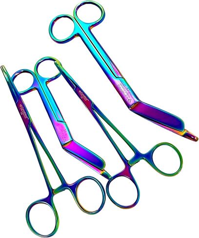 CynaMed German Nurses Doctor Lister Bandage Scissors 7.25" +5.5" + HEMOSTAT Forceps Str +Cvd 5.5" Multi Color Rainbow Color Stainless Steel - (Set of 4) in Saudi Arabia