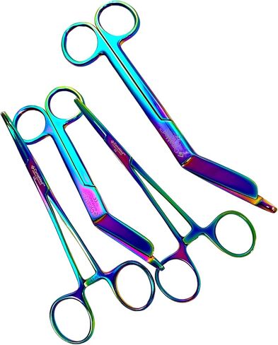 CynaMed German Nurses Doctor Lister Bandage Scissors 7.25" +5.5" + HEMOSTAT Forceps Str +Cvd 5.5" Multi Color Rainbow Color Stainless Steel - (Set of 4) in Saudi Arabia