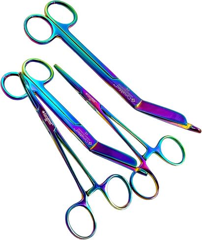 CynaMed German Nurses Doctor Lister Bandage Scissors 7.25" +5.5" + HEMOSTAT Forceps Str +Cvd 5.5" Multi Color Rainbow Color Stainless Steel - (Set of 4) in Saudi Arabia