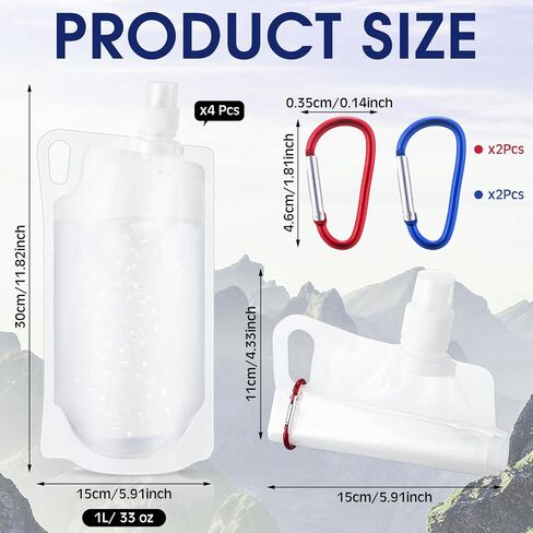 Maxdot 4 Pack 1L Collapsible Travel Water Bottles with Clip 33 oz Clear Foldable Water Pouch Container Bag for Hiking Backpacking Camping Travel Emergency in Saudi Arabia