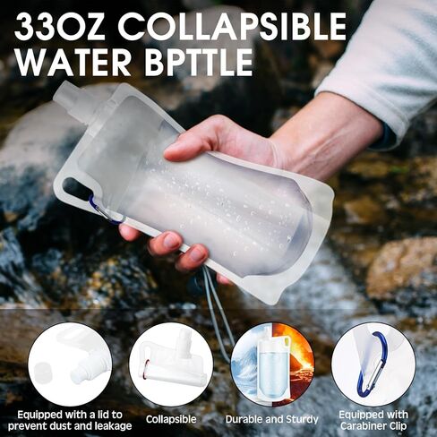 Maxdot 4 Pack 1L Collapsible Travel Water Bottles with Clip 33 oz Clear Foldable Water Pouch Container Bag for Hiking Backpacking Camping Travel Emergency in Saudi Arabia