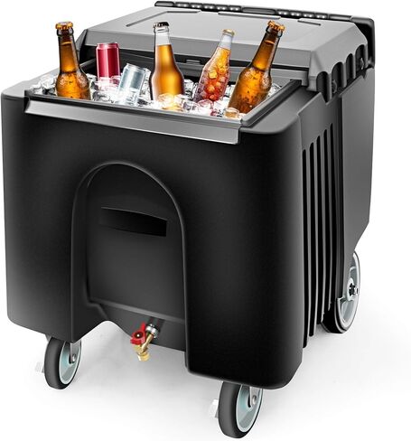Pyy Ice Caddy Bin Commercial - Commercial Commercial Rolling Cooler Cart Beer Beverage stest على عجلات مع غطاء ومقبض للبار والمطعم والحفلة الخارجية والتموين ، ويحتوي على 125 رطلاً ، أسود in Kuwait