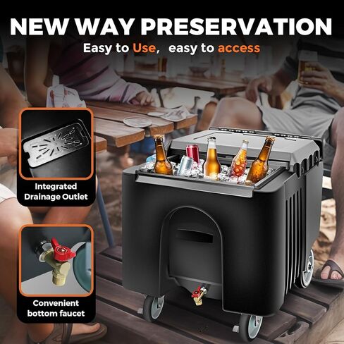 Pyy Ice Caddy Bin Commercial - Commercial Commercial Rolling Cooler Cart Beer Beverage stest على عجلات مع غطاء ومقبض للبار والمطعم والحفلة الخارجية والتموين ، ويحتوي على 125 رطلاً ، أسود in Kuwait